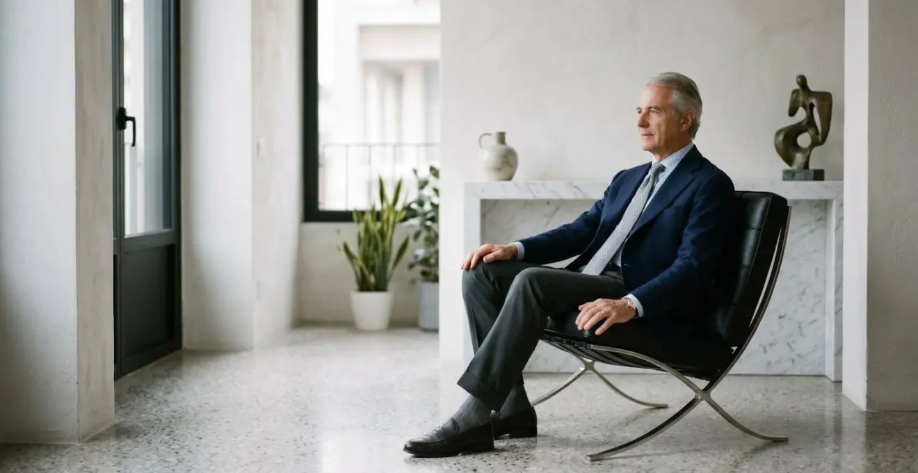 Uomo in abito sartoriale italiano seduto con postura elegante in ambiente minimalista