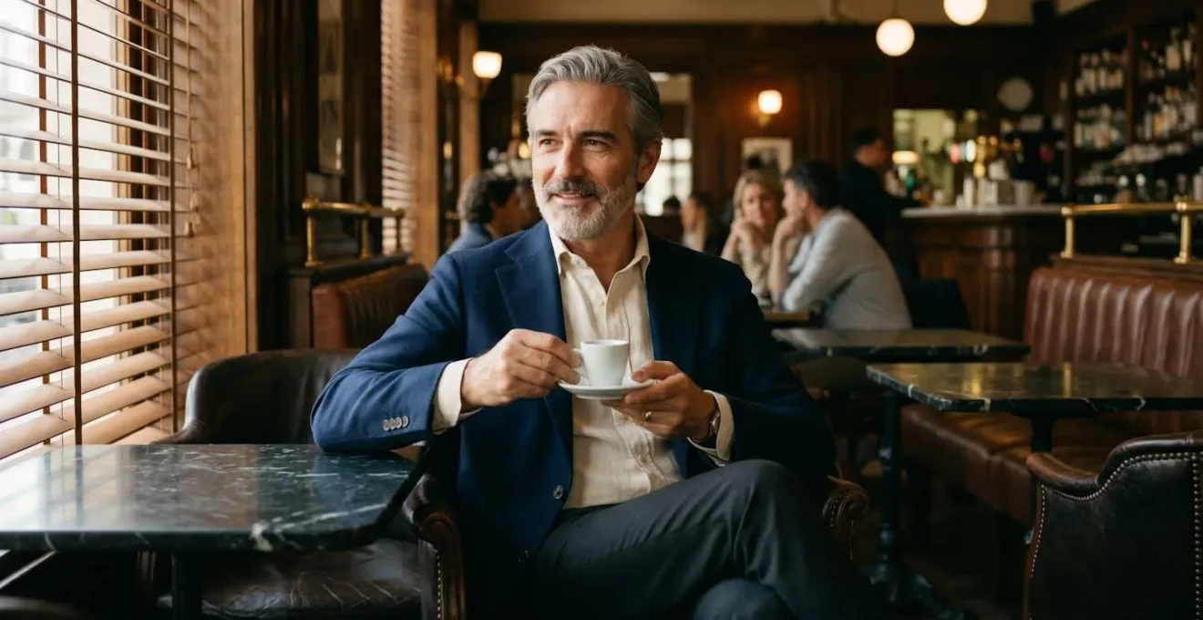 Uomo elegante seduto con postura italiana classica in ambiente raffinato