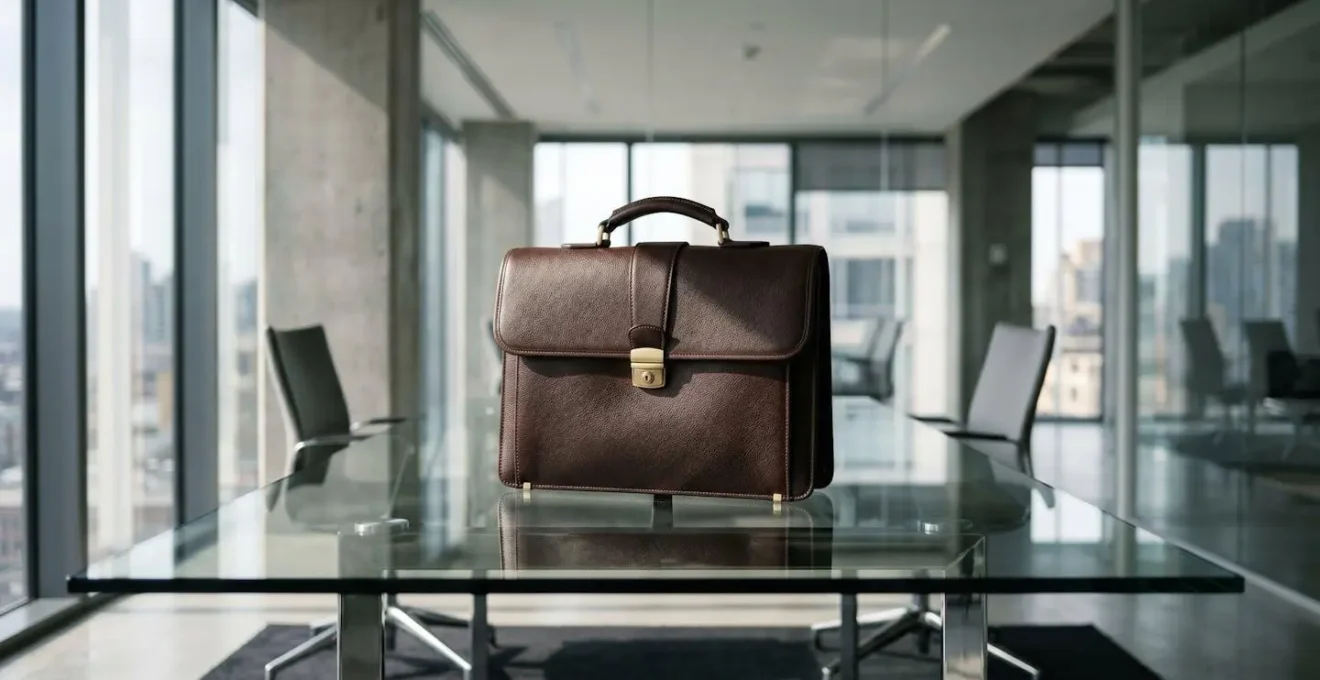 Ambiente professionale con borsa in pelle di alta qualità posizionata strategicamente