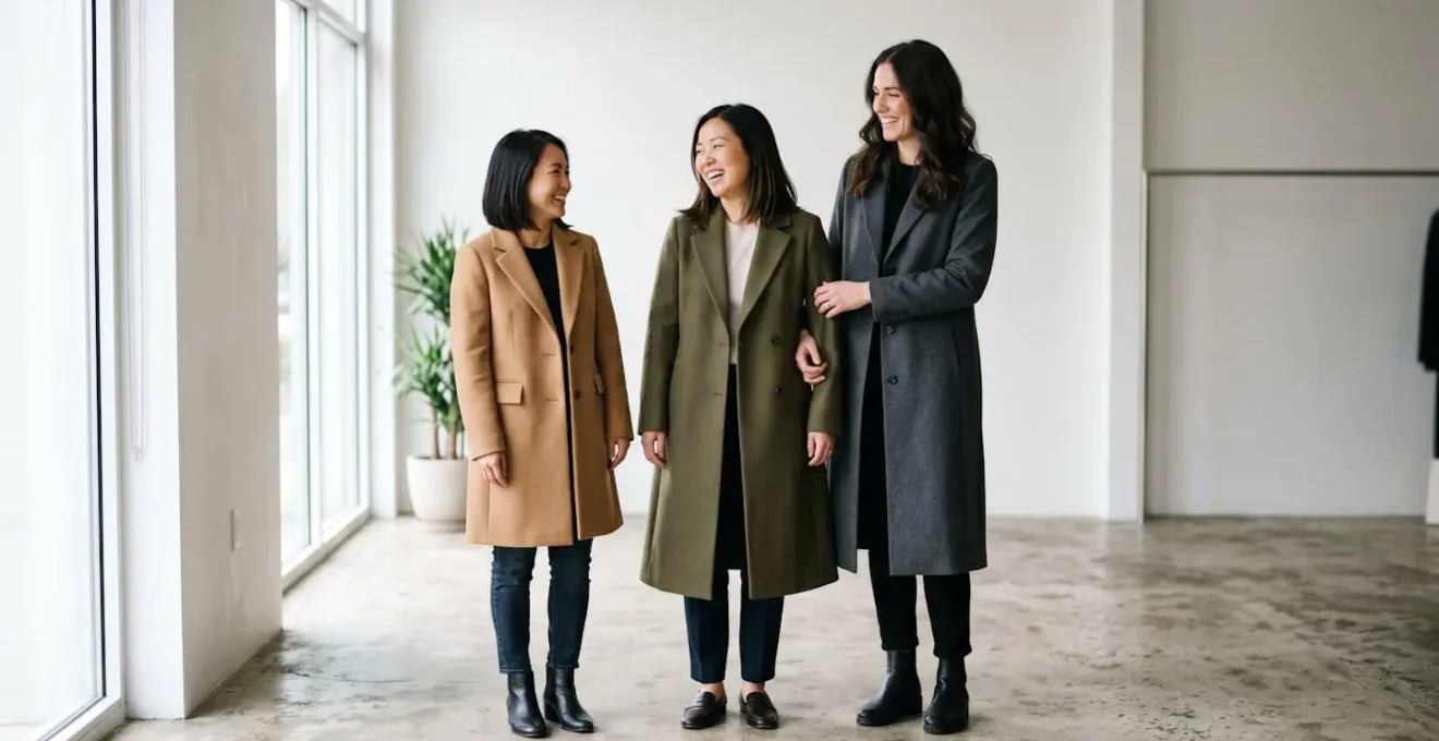 Silhouette di tre uomini di diversa altezza con cappotti sartoriali di lunghezza proporzionata