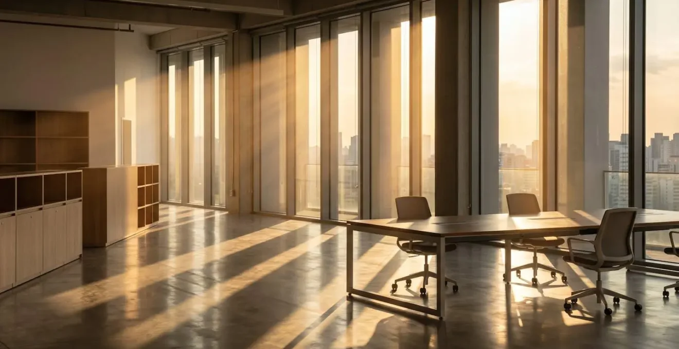 Raggi di luce che attraversano il vetro di una finestra illuminando una scrivania d'ufficio