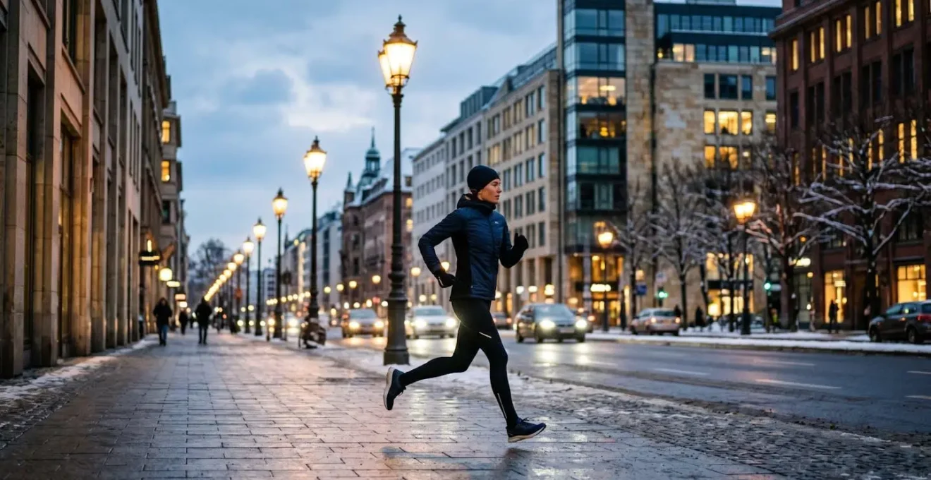 Runner in ambiente urbano invernale con abbigliamento tecnico stratificato