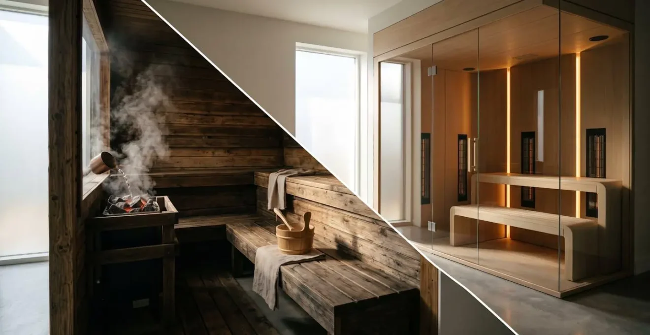 Confronto visivo tra sauna finlandese tradizionale e sauna a infrarossi moderna