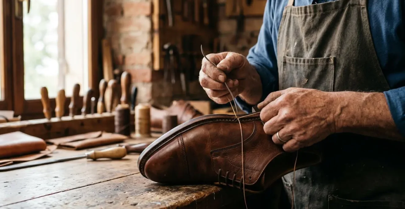 Mani artigiane lavorano su scarpa in pelle di qualità in laboratorio italiano
