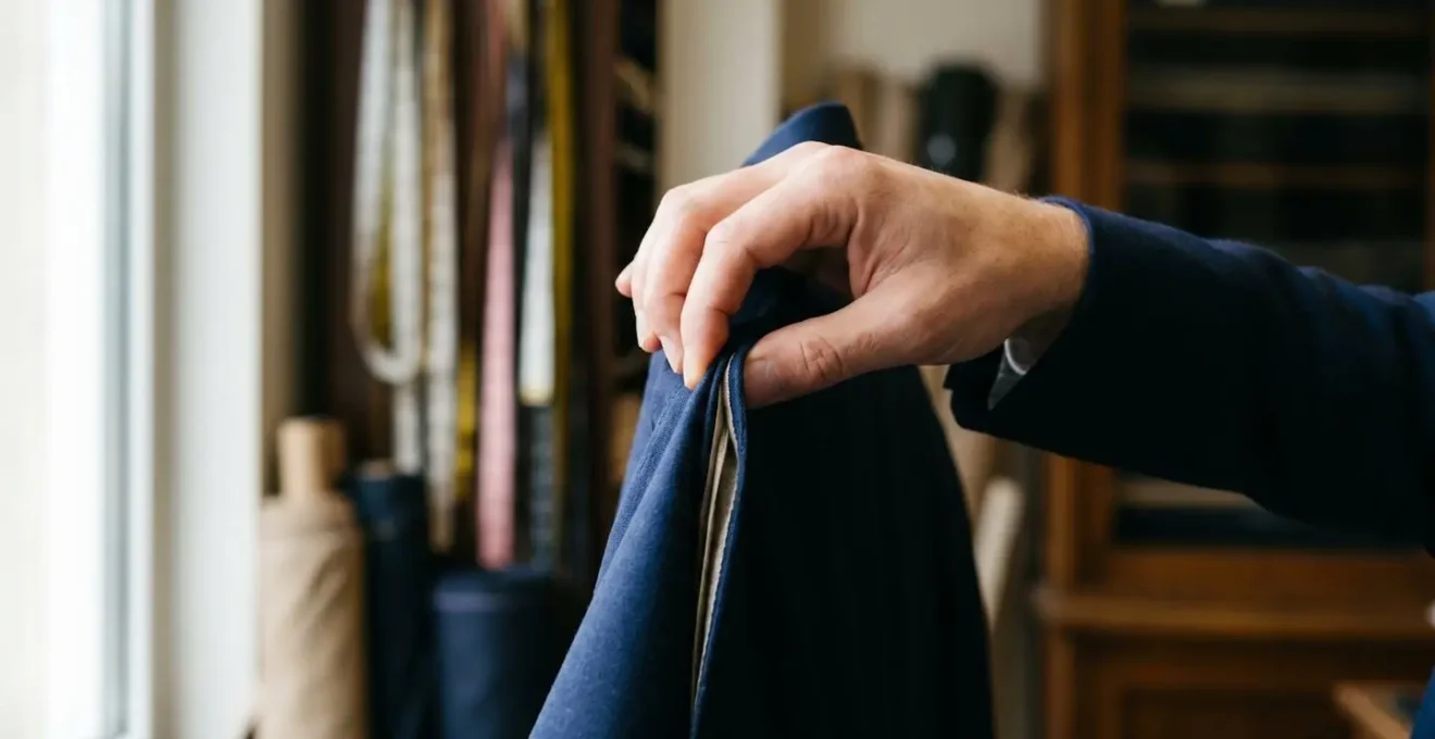 Mano che esegue il pinch test sulla spalla di una giacca sartoriale per verificare la costruzione