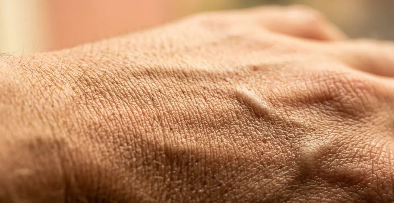 Analisi macro della texture cutanea spessa con focus su struttura del collagene