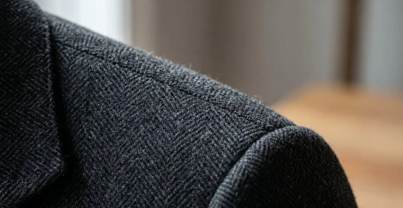 Dettaglio macro della spalla di un cappotto sartoriale con perfetta vestibilità