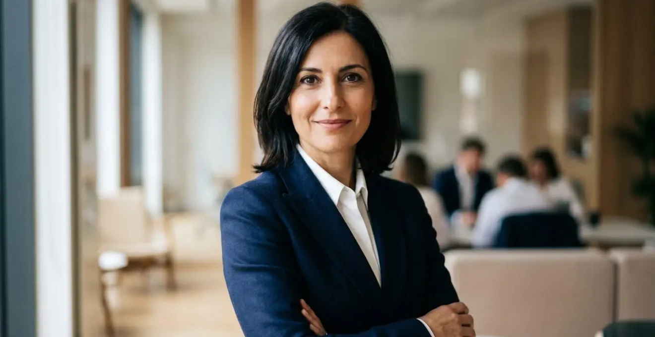 Ritratto professionale di una donna in abito elegante che riflette sicurezza e autorevolezza