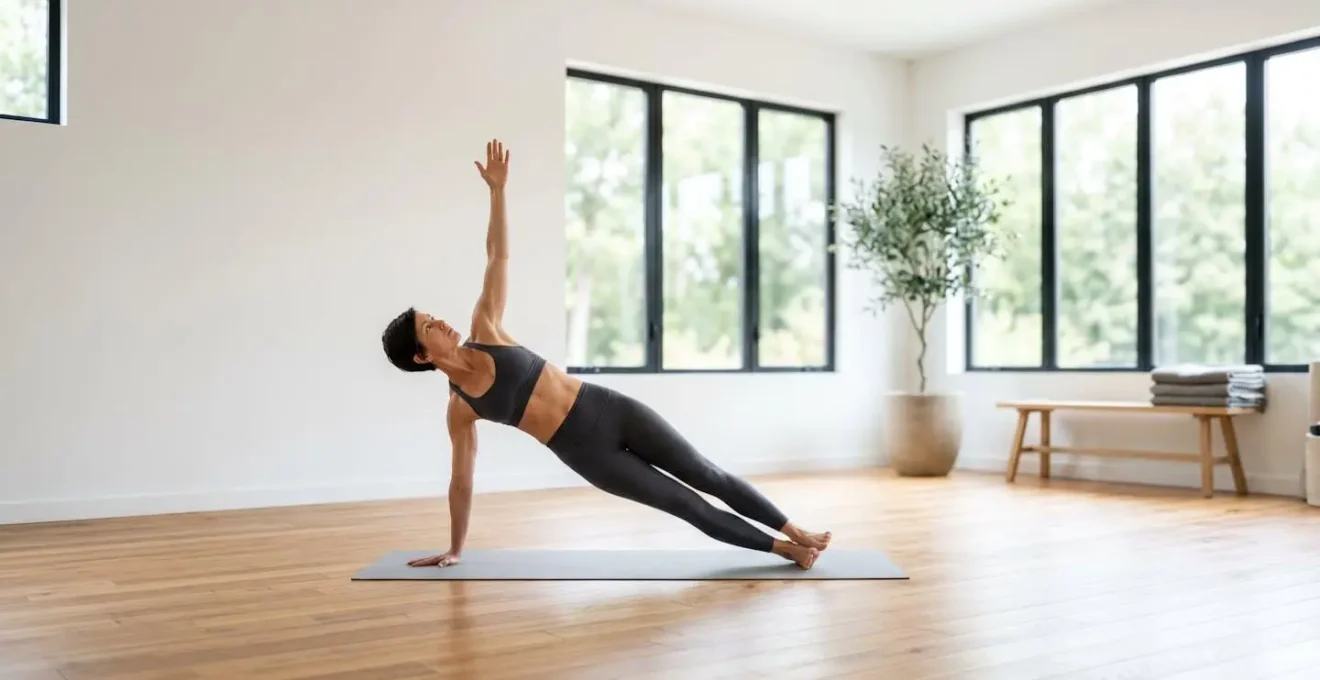 Donna esegue plank laterale su tappetino yoga in studio luminoso