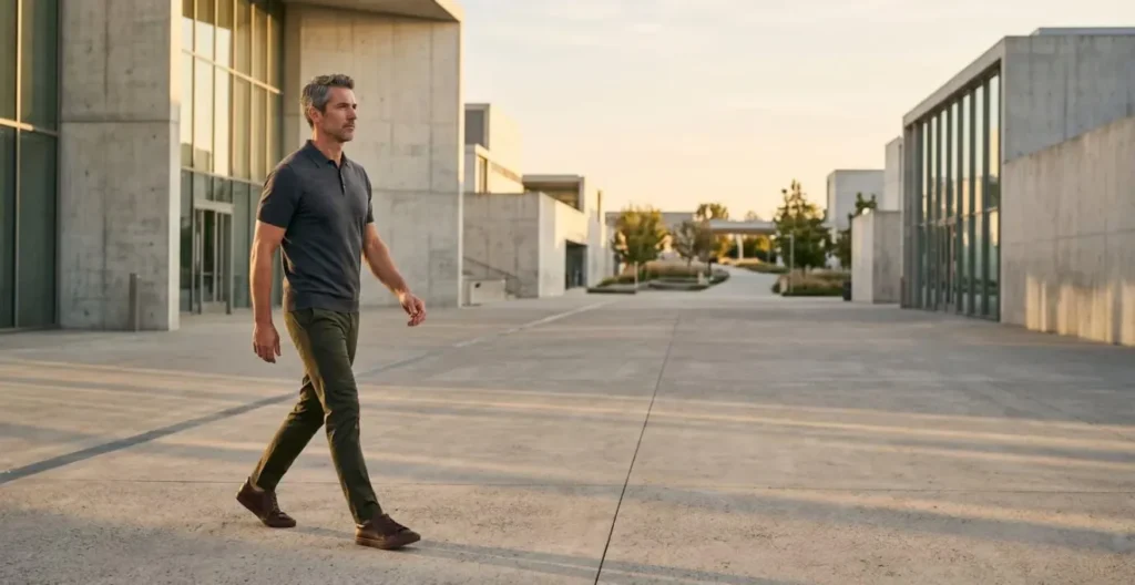 Uomo over 40 con abbigliamento elegante minimalista in ambiente urbano